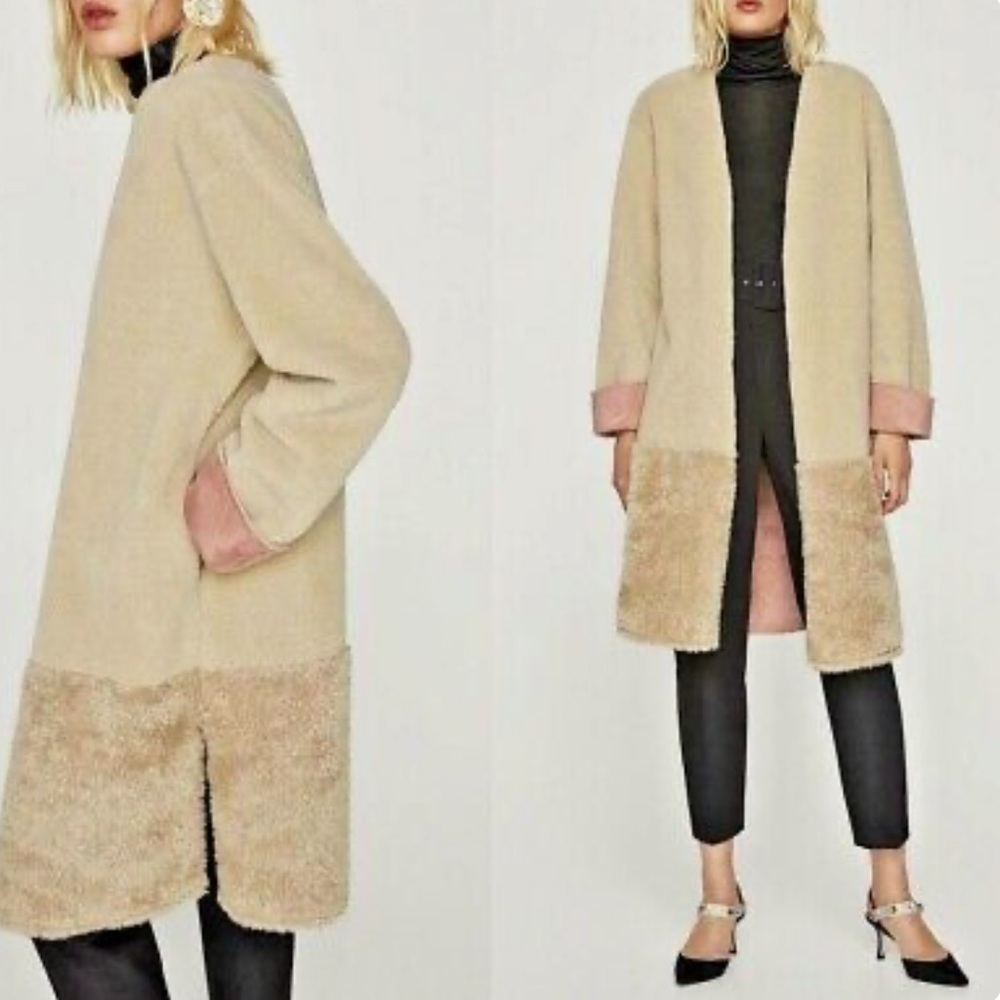Zara Basic Shearling Double Sided Long Coat with Faux Fur Size Small Brand New